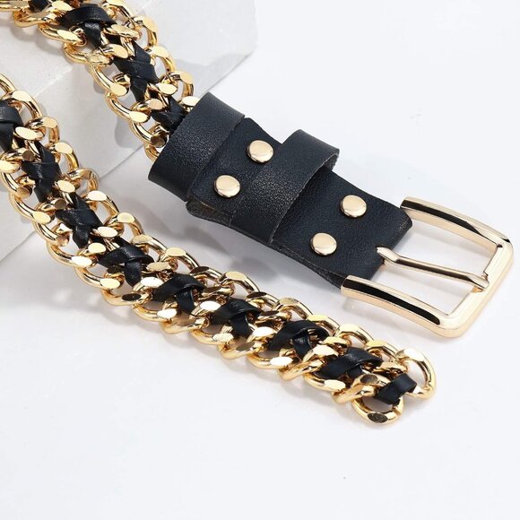 Gold Metal Punk Belt Leather Chain Waist Accessories for Women Dresses - Picture 3 of 5